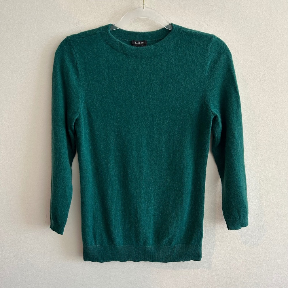 Talbots Sweater Emerald Green S 100% Pure Cashmere 3/4 Sleeve Crewneck Classic